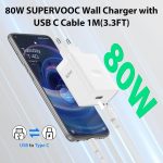 ⁦شاحن بتقنية الشحن السريع 80 واط مع كابل USB نوع سي بطول 1 متر لموبايل أوبو فايند X5 X3 / 2 نيو رينو 12 11 F 10 برو، شحن لموبايلات ون بلس 12R نورد 2T CE 4 3 لايت - أبيض⁩ - الصورة ⁦2⁩