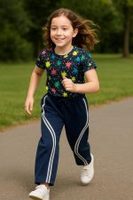 ⁦بنطلون وايد ليج رياضي للأطفال مع خطوط جانبية بيضاء – تصميم عصري ومريح، مثالي للأنشطة الرياضية للبنات من ميزة⁩ - الصورة ⁦3⁩