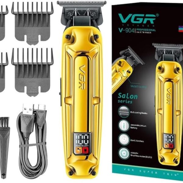 ماكينة تشذيب الشعر V- 904 فائقة الجودة بدون فراغات بطلاء دي ال سي وشفرة معدنية ومحرك بدون فرش 10000 ساعة وشاشة رقمية وبطارية 2000mAh بسلك/لاسلكية وشحن USB نوع C وتشغيل 200 دقيقة من في جي ار، لون ذهبي