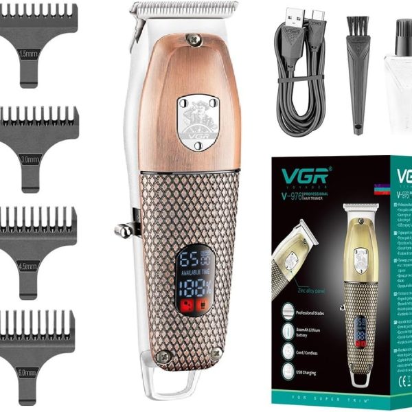 ماكينة حلاقة شعر ولحية لاسلكية قابلة لإعادة الشحن V-976 من في جي ار 6500 لفة في الدقيقة وتشغيل لمدة 150 دقيقة شاشة عرض رقمية وحلقة تعليق وشفرات فولاذ مقاوم للصدأ وكابل شحن USB و4 أمشاط توجيه (نحاسي)