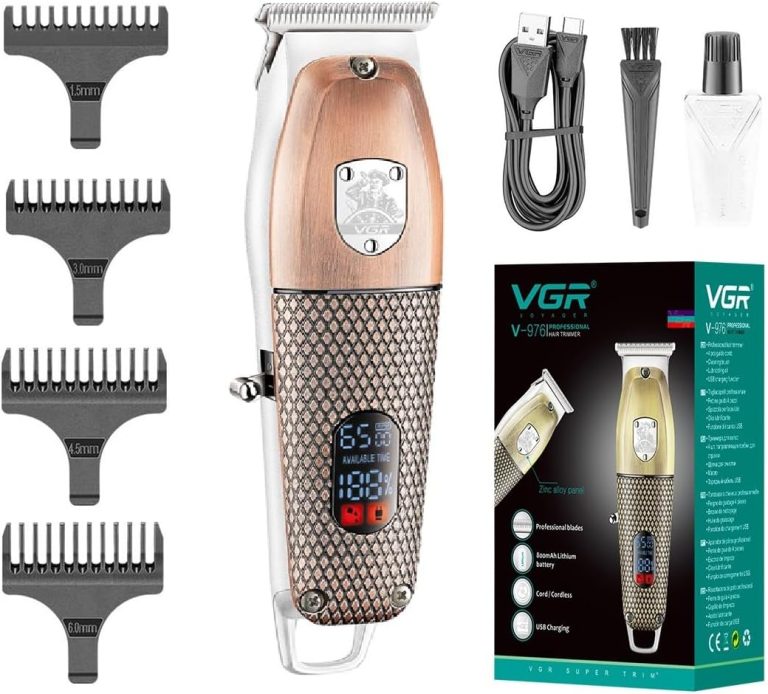 ماكينة حلاقة شعر ولحية لاسلكية قابلة لإعادة الشحن V-976 من في جي ار 6500 لفة في الدقيقة وتشغيل لمدة 150 دقيقة شاشة عرض رقمية وحلقة تعليق وشفرات فولاذ مقاوم للصدأ وكابل شحن USB و4 أمشاط توجيه (نحاسي)