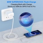 ⁦شاحن بتقنية الشحن السريع 80 واط مع كابل USB نوع سي بطول 1 متر لموبايل أوبو فايند X5 X3 / 2 نيو رينو 12 11 F 10 برو، شحن لموبايلات ون بلس 12R نورد 2T CE 4 3 لايت - أبيض⁩ - الصورة ⁦3⁩
