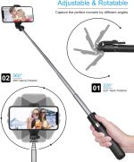 ⁦عصا سيلفي بلوتوث صغيرة قابلة للتمدد 4 في 1 من الالومنيوم مع جهاز تحكم عن بعد لاسلكي لجوال ايفون 12/11 برو ماكس/اكس اس/اكس ار/اكس/8/7/6/6 اس وسامسونج اس 20/اس 10/اس 9، هواوي، حامل لكاميرا جوبرو⁩ - الصورة ⁦3⁩