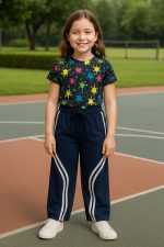 ⁦بنطلون وايد ليج رياضي للأطفال مع خطوط جانبية بيضاء – تصميم عصري ومريح، مثالي للأنشطة الرياضية للبنات من ميزة⁩ - الصورة ⁦4⁩