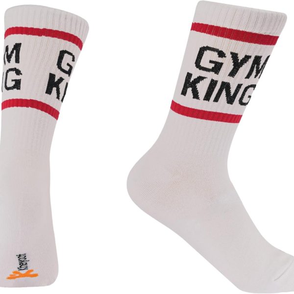 Gym King Athletic Crew Socks, White with Red Stripes, Cotton Blend, Sports Performance Workout Wear - Free Size