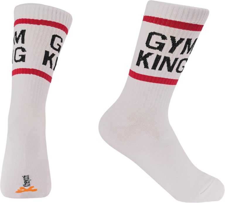 Gym King Athletic Crew Socks, White with Red Stripes, Cotton Blend, Sports Performance Workout Wear - Free Size