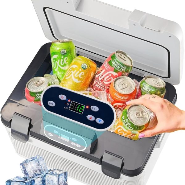 ثلاجة سيارة صغيرة محمولة سعة 14 لتر مع شاشة LCD بمحرك عديم المسفرات، ثلاجة محمولة للسفر والمكتب وزجاجات طعام الاطفال 12 فولت/24 فولت تيار مستمر و220 فولت تيار متردد هادئة للتخييم والشاحنات والسيارات