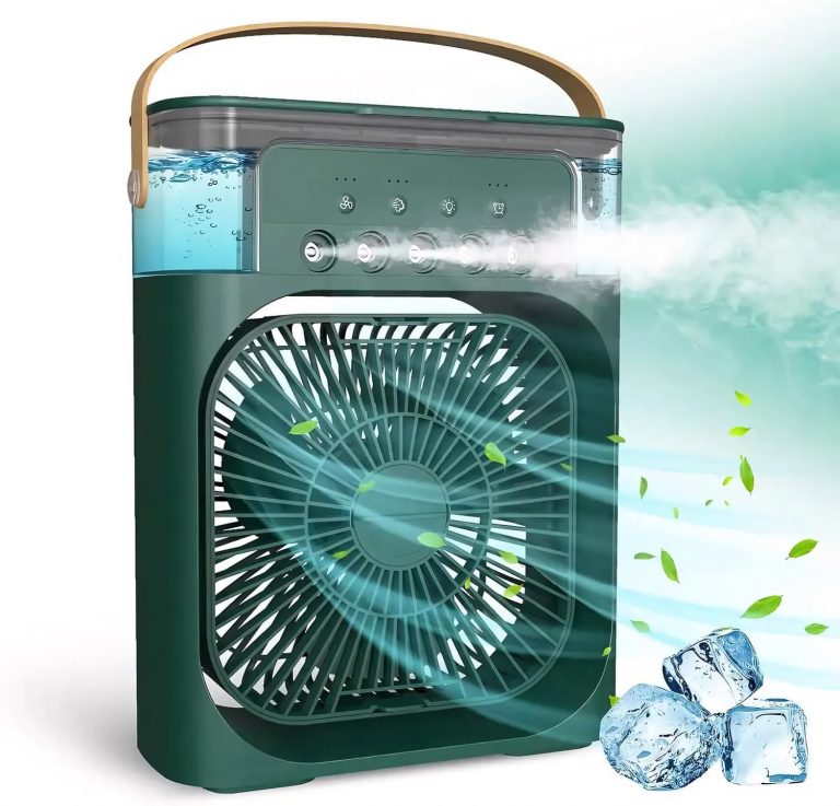 One94Store Portable Air Conditioner Fan, 500 ml Water Tank USB Personal Cooler, Mini Humidifier Fan with 7 Colors LED Light, 3 Timer, 3 Wind Speeds, 3 Spray Modes for Office, Home (Green Pack of 1)