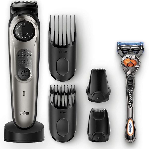 ماكينة تشذيب اللحية بقرص رقمي دقيق مع 5 ملحقات من براون وشفرة حلاقة فيوجن بروجليد جيليت - BT7940TS