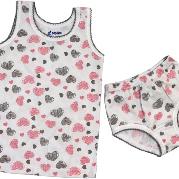 بابيلون طقم ملابس داخلية للبنات مكون من فانلة بدون اكمام وملابس داخلية بطبعة قلوب من قطعتين (عبوة من قطعة واحدة)