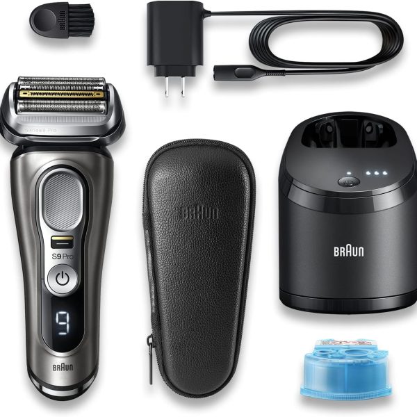 ماكينة حلاقة 5 في 1 للاستخدام الجاف والرطب 9465cc من سلسلة 9 برو مع قاعدة تنظيف سمارت كير وشنطة سفر، لون معدني