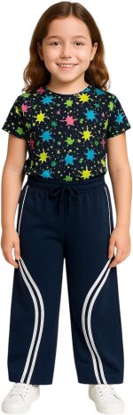 بنطلون وايد ليج رياضي للأطفال مع خطوط جانبية بيضاء – تصميم عصري ومريح، مثالي للأنشطة الرياضية للبنات من ميزة