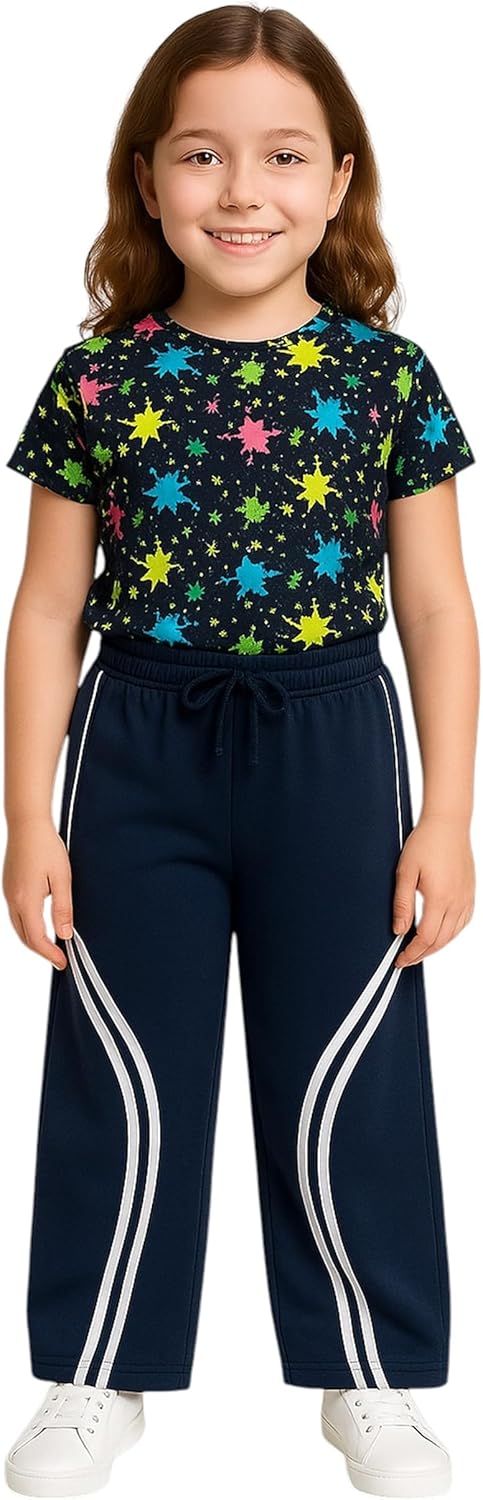 71iaUwR0syL._AC_SL1500_.jpg بنطلون وايد ليج رياضي للأطفال مع خطوط جانبية بيضاء – تصميم عصري ومريح، مثالي للأنشطة الرياضية للبنات من ميزة