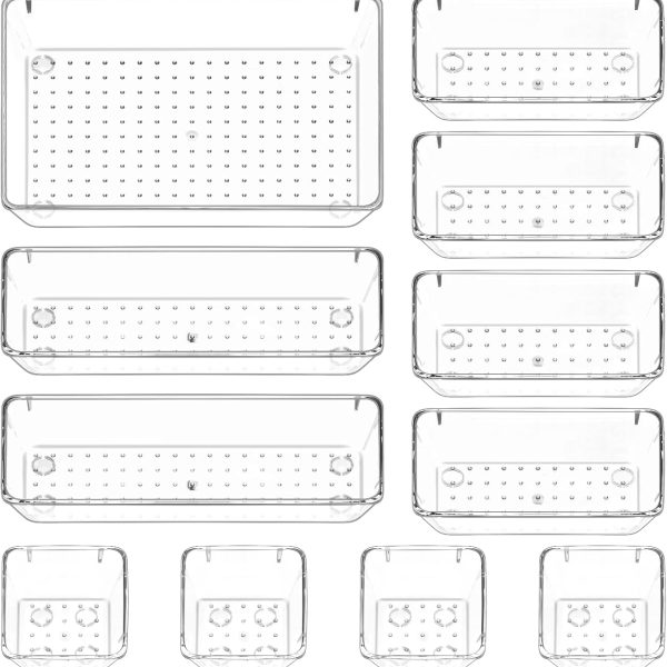 مجموعة صواني تنظيم ادراج المكتب مكونة من 11 قطعة من بيوريكون، صناديق تخزين بلاستيكية شفافة لادراج الحمام، صواني فانيتي منظم لغرفة النوم وخزانة الملابس والمكياج والمطبخ والمكتب