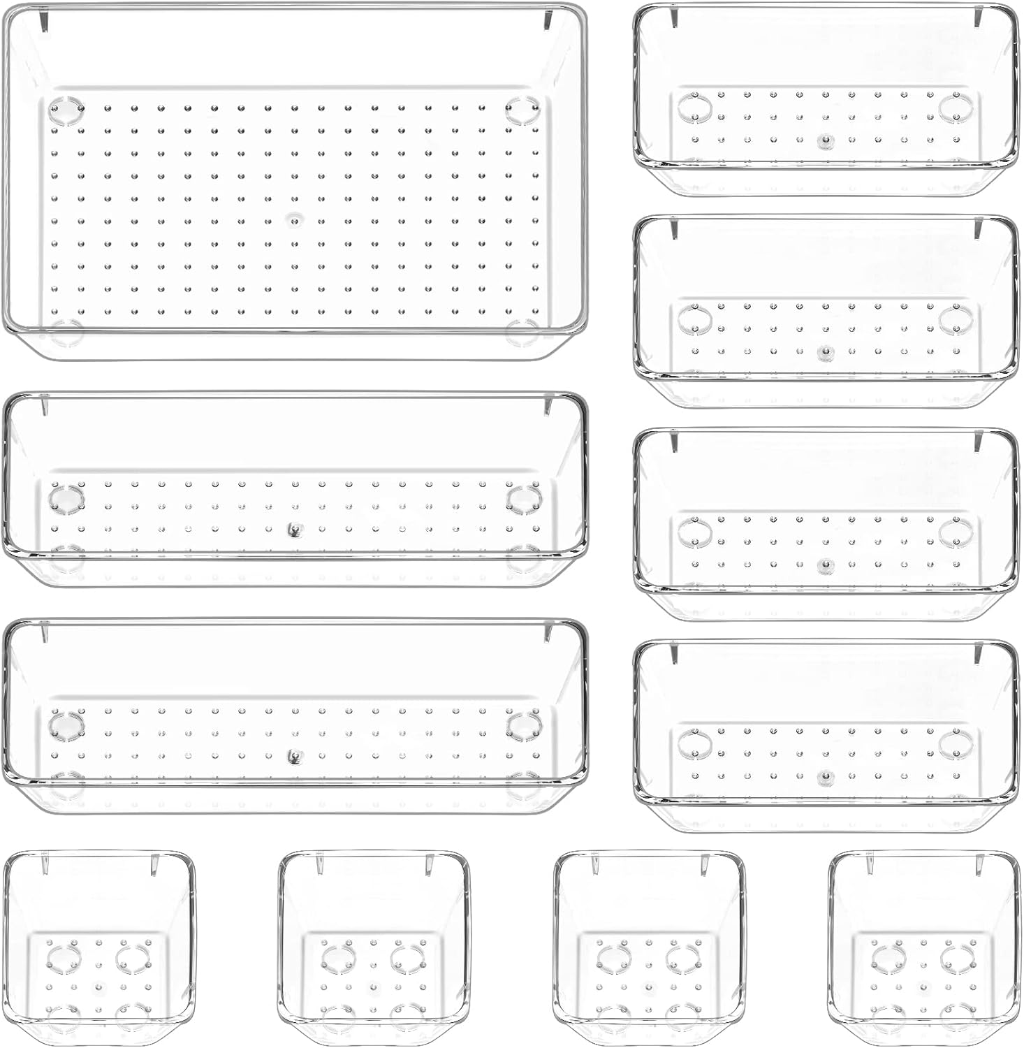 71jQ7WGAdCL._AC_SL1500_.jpg مجموعة صواني تنظيم ادراج المكتب مكونة من 11 قطعة من بيوريكون، صناديق تخزين بلاستيكية شفافة لادراج الحمام، صواني فانيتي منظم لغرفة النوم وخزانة الملابس والمكياج والمطبخ والمكتب
