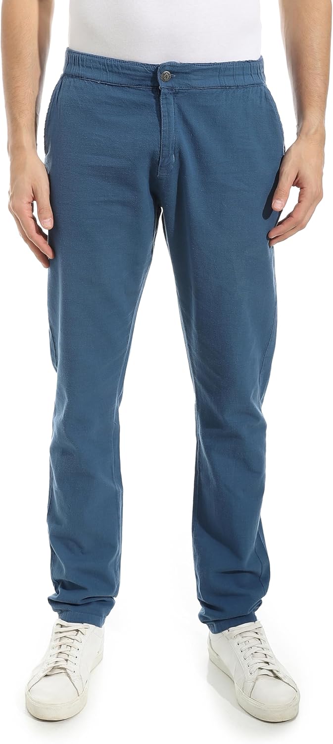 71kPS4h243L._AC_SL1500_.jpg بنطلون كتان بقصة عادية وسوستة وأزرار للرجال من اندورا