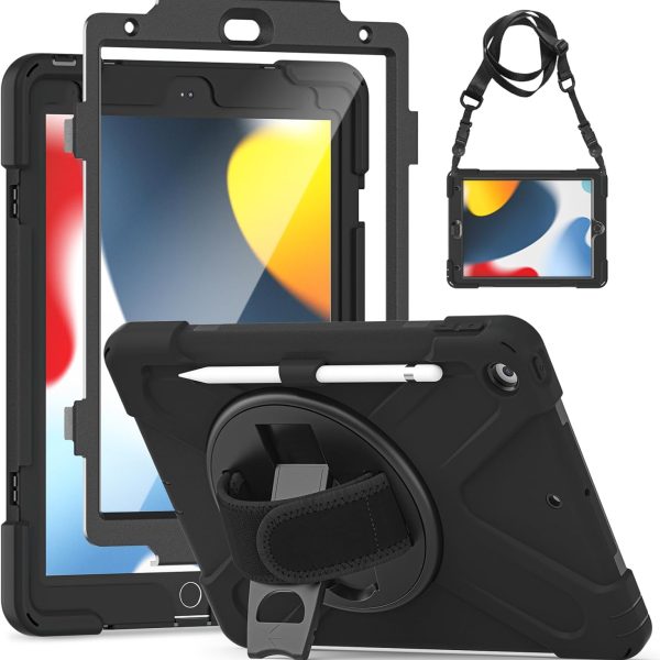 جراب حماية لجهاز اي باد الجيل التاسع/الثامن/السابع مع شاشة حماية، يأتي بتصميم مضاد للصدمات والسقوط مع [حامل قلم] [حامل دوار 360] [حزام كتف]، جراب حماية مصنوع من المطاط من جيروتيك، أسود