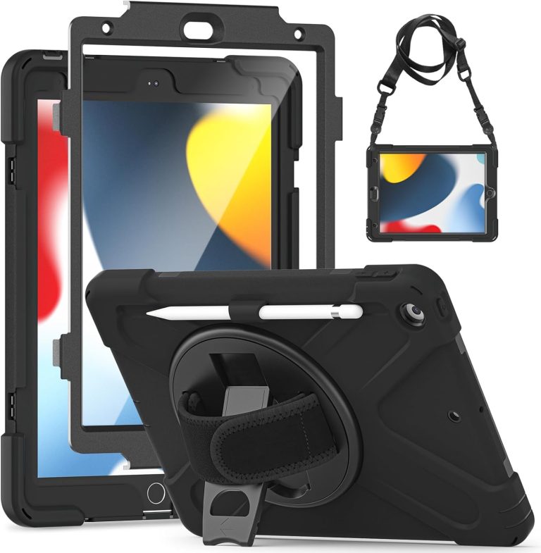 جراب حماية لجهاز اي باد الجيل التاسع/الثامن/السابع مع شاشة حماية، يأتي بتصميم مضاد للصدمات والسقوط مع [حامل قلم] [حامل دوار 360] [حزام كتف]، جراب حماية مصنوع من المطاط من جيروتيك، أسود