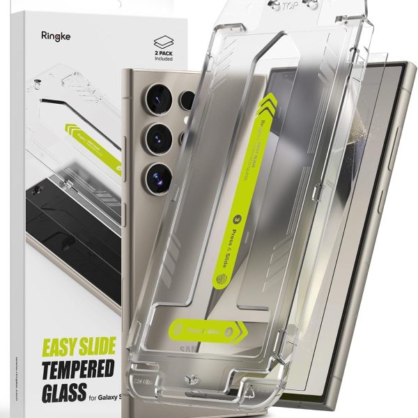غطاء زجاج مقوى سهل الانزلاق من رينجكي [سهل التركيب للغاية] متوافق مع شاشة حماية سامسونج جالاكسي S24 الترا مقاوم للكسر بدرجة صلابة 9 ممتازة - عبوة قطعتين