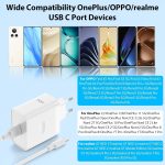 ⁦شاحن بتقنية الشحن السريع 80 واط مع كابل USB نوع سي بطول 1 متر لموبايل أوبو فايند X5 X3 / 2 نيو رينو 12 11 F 10 برو، شحن لموبايلات ون بلس 12R نورد 2T CE 4 3 لايت - أبيض⁩ - الصورة ⁦6⁩