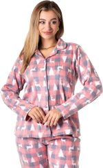 ⁦طقم بيجامة بولار كلاسيكي للكريسماس للنساء | ملابس نوم شتوية ناعمة مع طباعة الغزالة والشجرة | ملابس مريحة للعطلات | بيجامة للنساء من زيكوتكس⁩ - الصورة ⁦3⁩