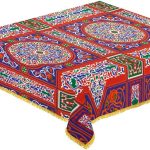 مفرش ترابيزة بتصميم خيامي لرمضان مصنوع من مزيج القطن مع طرف مزين بلون اصفر مقاس 1.5 × 1.5 متر شكل مربع