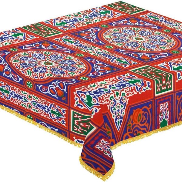 مفرش ترابيزة بتصميم خيامي لرمضان مصنوع من مزيج القطن مع طرف مزين بلون اصفر مقاس 1.5 × 1.5 متر شكل مربع