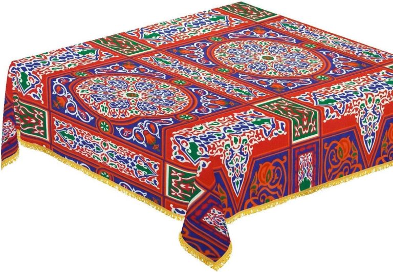 مفرش ترابيزة بتصميم خيامي لرمضان مصنوع من مزيج القطن مع طرف مزين بلون اصفر مقاس 1.5 × 1.5 متر شكل مربع