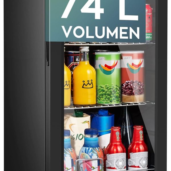 ثلاجة صغيرة بباب زجاجي وهادئة من هاينريش: 41 ديسيبل اضاءة داخلية LED مثالية للمكتب والتخييم والحديقة 5 لـ 18 درجة مئوية اسود 74 لتر 4 رفوف [فئة الطاقة E]