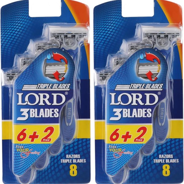 طقم ماكينات حلاقة للاستخدام مرة واحدة مزودة بثلاثة أمواس من لورد، طقم من 6 قطع بالإضافة إلى 2، من قطعتين