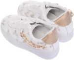 Express Kids Girl's Leather Walking and Outdoor Lace up Sneakers Embroidered with a gold chain on the side