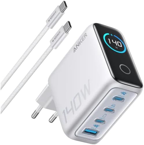 انكر شاحن حائط 140 واط بي دي، جان، 3 منافذ × USB-C، 1 × USB-A، شاشة تعمل باللمس، متوافق مع ايفون، سامسونج، بيكسل، ماك بوك، كروم بوك، ايربودز والمزيد، فضي، كفالة 18 شهر (فضي)