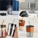 ⁦كوب زجاج مع شفاطة سيليكون وغطاء وحافظة جلد، مج قهوة باستخدام مزدوج مزود بشفاطة وفوهة شرب مناسب للسفر في الصيف، 435 مل، كهرماني وأسود⁩ - الصورة ⁦3⁩