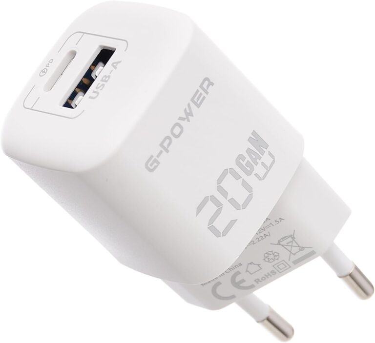 شاحن من جي باور بتقنية USB، متوافق مع آيفون 14/13 وسامسونج جالاكسي وجوجل بكسل وآيباد، بمنفذين