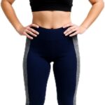 Women's High-Waist Athletic Leggings, Navy Blue with Grey Side Panels, Performance Sports Workout Pants, Moisture-Wicking Activewear