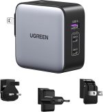 شاحن حائط سريع 65 وات من يوجرين، بمنفذ USB C مع 3 منافذ، قابس أمريكي/بريطاني/أوروبي للسفر متوافق مع ماك بوك برو/اير، ديل اكس بي اس، آيفون 14 برو ماكس، اي باد، جالاكسي S23 S22، ستيم ديك