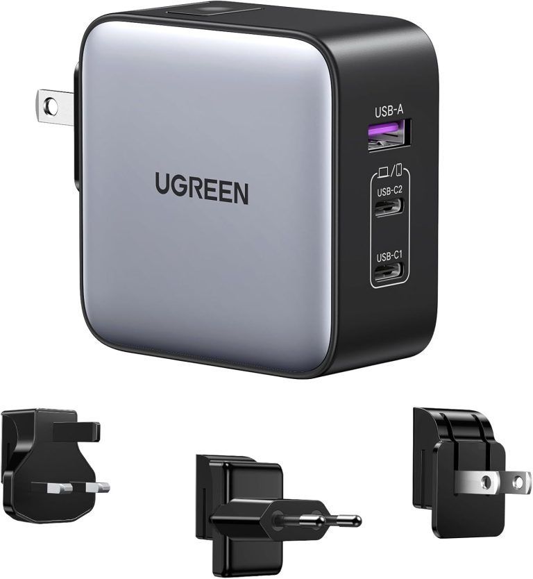 شاحن حائط سريع 65 وات من يوجرين، بمنفذ USB C مع 3 منافذ، قابس أمريكي/بريطاني/أوروبي للسفر متوافق مع ماك بوك برو/اير، ديل اكس بي اس، آيفون 14 برو ماكس، اي باد، جالاكسي S23 S22، ستيم ديك