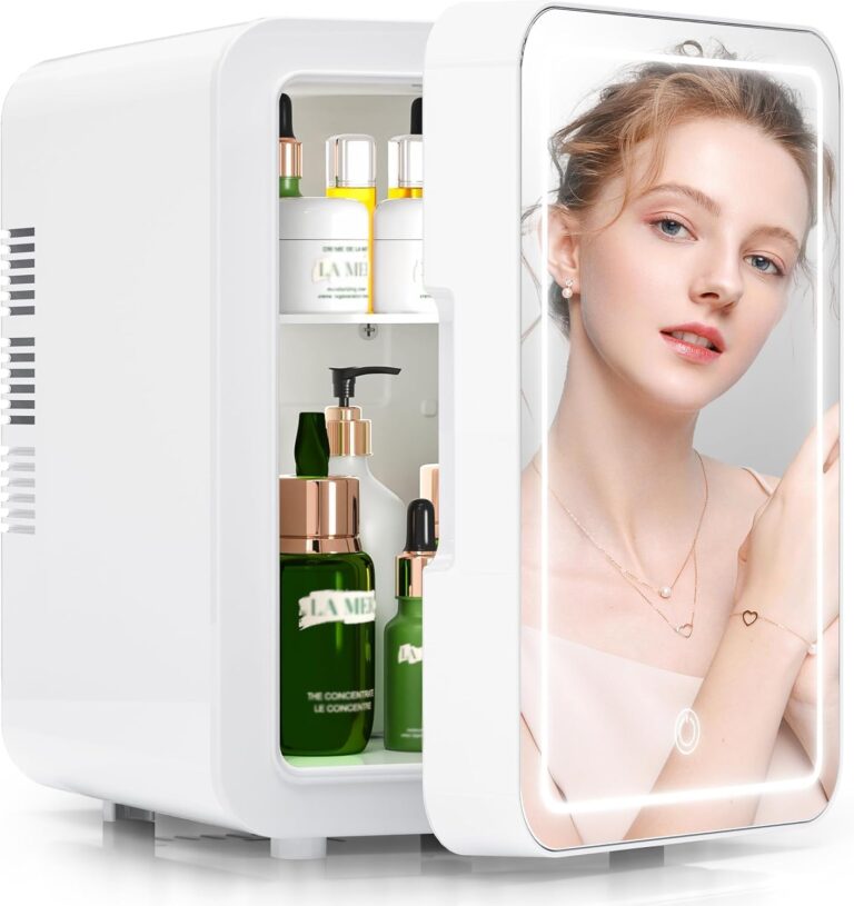 ORiTi Mini Beauty Fridge, LED Lighted Vanity Mirror for Makeup, Bathroom, Bedroom White