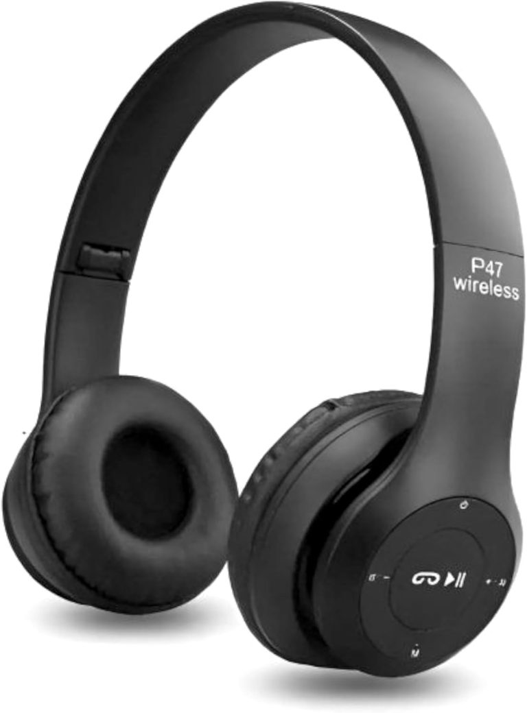 Wireless Bluetooth Earphone P47 with Mic for Laptop, Mobile Phone, PC, Over Ear Stereo Music Headset, Deep Bass,Soft-Earpads, Headset For Gaming, with SD Memory Card Support & FM & AUX & Micro (Black)