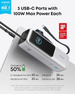 ⁦شاحن باور بانك زولو من انكر (25 ألف مللي امبير 165 واط، USB نوع C مدمج وكابل قابل للسحب) شاحن محمول عالي السرعة 1 USB-C، 1 USB نوع A، حزمة بطارية لآيفون 16/15/15 برو/15 برو ماكس/ماك بوك (متضمن جراب)⁩ - الصورة ⁦5⁩