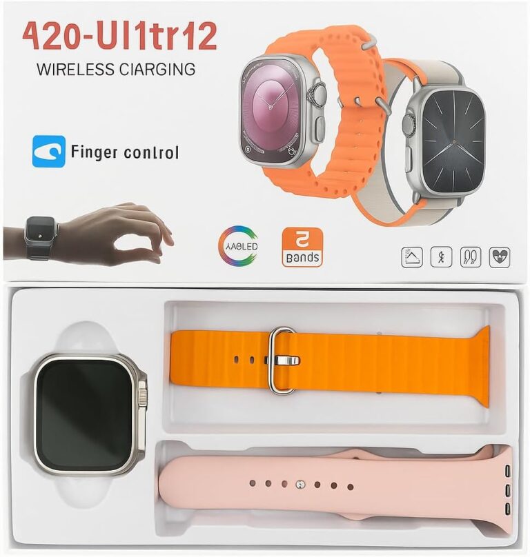 A20 Ultra 2 Smart Watch – Stylish Design with AMOLED Display, Touch Control & Wireless Charging – Two Different Color Bands (Pink)
