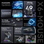 ⁦ماوس ألعاب X6 لاسلكي خفيف الوزن مع شريط لاصق مضاد للانزلاق، تصميم ذاتي الالتصاق بمقابض جانبية محسنة، ملصقات ووسادات/معجون مضادة للتعرق قابلة للتعديل من اتاك شارك (أسود)⁩ - الصورة ⁦3⁩