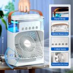 مروحة تبريد محمولة لمكيف الهواء، مروحة مكتب USB بـ3 سرعات رياح و7 الوان واضاءة LED وخزان مياه سعة 680 مل، مروحة مكيف هواء تبخيرية صغيرة لغرفة المكتب، مبرد هواء شخصي - الصورة 6