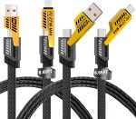 كابل شحن سريع 4 في 1 لنقل البيانات بطول 2 متر، كابل مضفر 65 وات، بمنفذ USB نوع C وUSB نوع A وآيفون، كابل شحن متعدد للموبايلات/أجهزة التابلت/وغيرها الكثير، عبوة من قطعتين