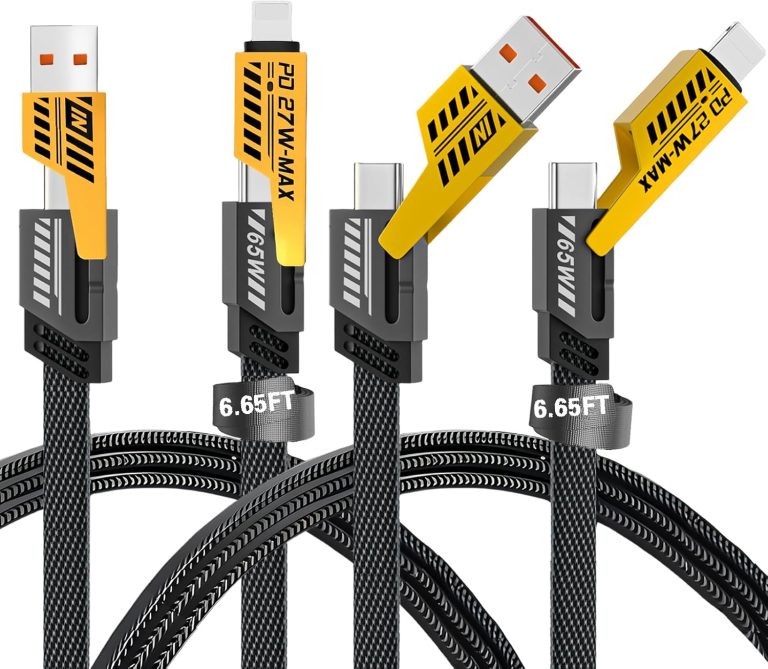 كابل شحن سريع 4 في 1 لنقل البيانات بطول 2 متر، كابل مضفر 65 وات، بمنفذ USB نوع C وUSB نوع A وآيفون، كابل شحن متعدد للموبايلات/أجهزة التابلت/وغيرها الكثير، عبوة من قطعتين