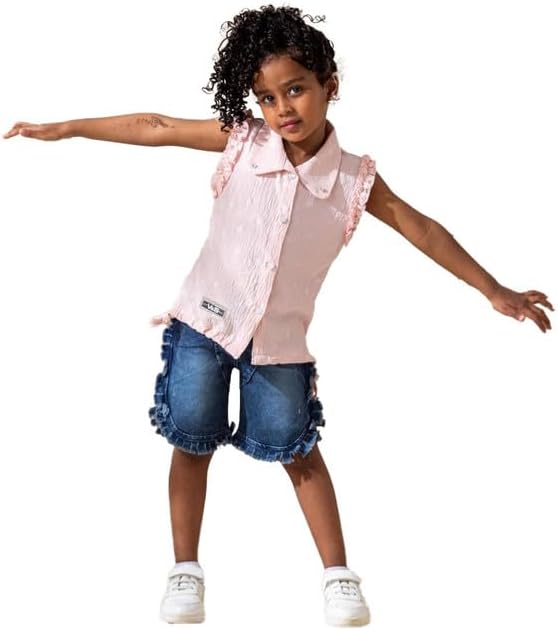 LarkArt 6329 2-Piece Set Lightweight Denim Shorts & C.Y Fabric Shirt For Girls
