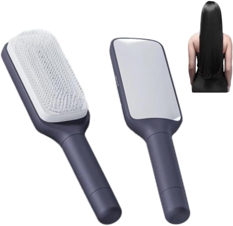 Self Cleaning Detangling Hair Brush for Women and Men, Organic No Pull Hair Brush, Professional Detangling Brush for Wet and Dry Hair (Purple or Grey)