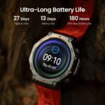 ⁦ساعة ذكية متينة وعسكرية مقاس 48 ملم تي-ريكس 3، نظام تحديد المواقع GPS، خريطة أوفلاين، تشغيل طويل، مقاومة للماء حتى 100 م، 170 وضع للياقة البدنية/التمرين، ذكاء اصطناعي، تحكم صوتي من اميز فيت (أحمر)⁩ - الصورة ⁦6⁩