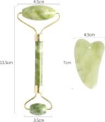 ⁦قطعتان من أسطوانة اليشم وأدوات التدليك Gua Sha Sc - أسطوانة اليشم أفينتورين الطبيعية الحقيقية 100٪ المضادة للشيخوخة والتجاعيد للوجه والعين والرقبة والجسم مدلك للعناية بالبشرة (أخضر)⁩ - الصورة ⁦2⁩