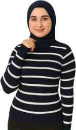 كنزة من ميزا للنساء بقصة عادية وأكمام طويلة، مصنوعة من التريكو المضلع، متعددة الألوان أسود وبني وأبيض، مقاس موحد